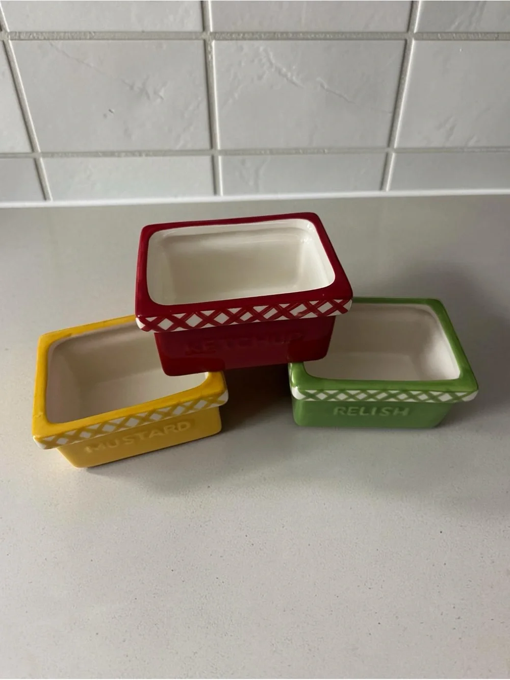 Pier 1 Imports Ceramic Condiment Dish Set - Ketchup, Mustard, Relish